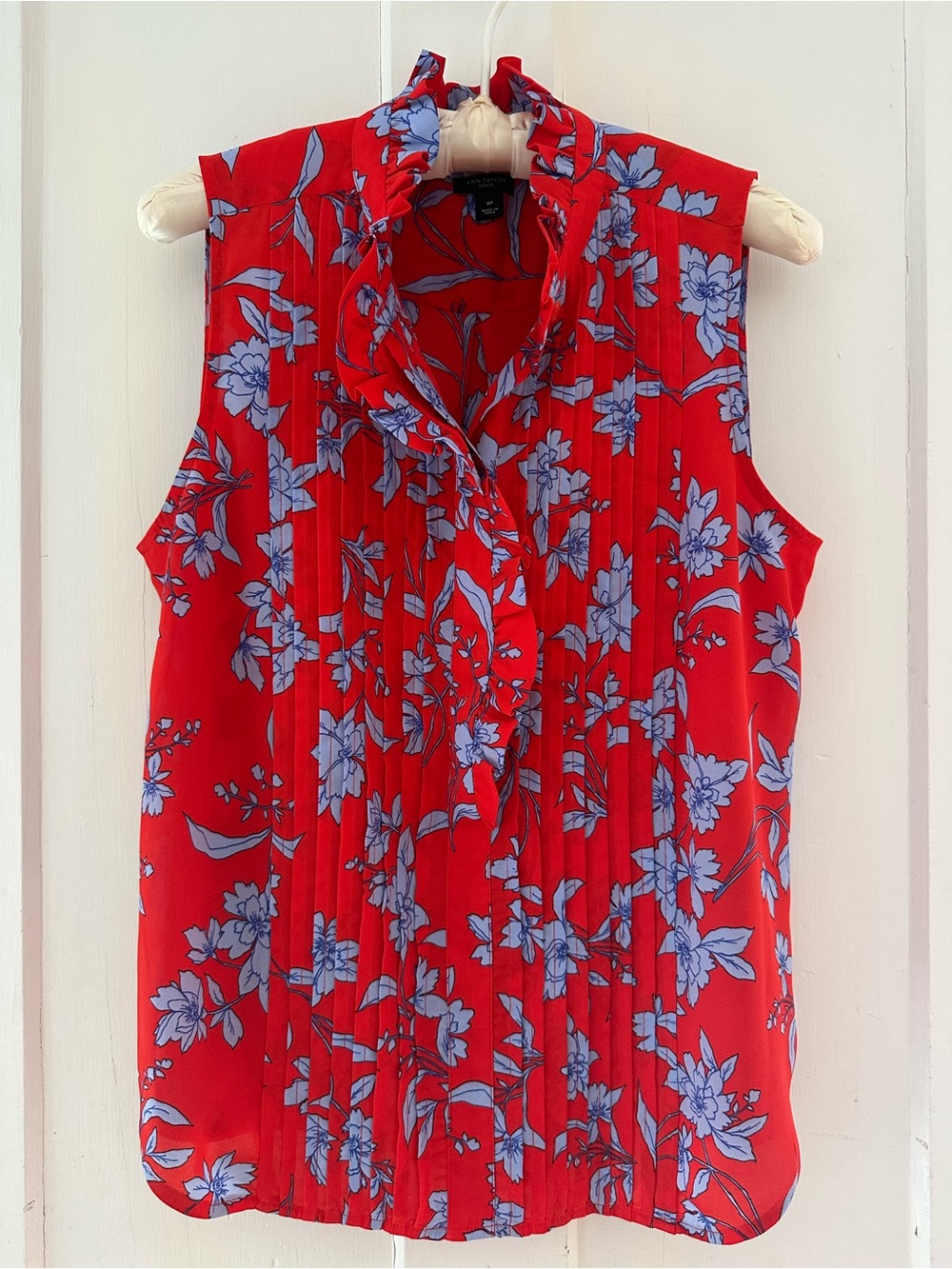 Sleeveless Red Floral Ruffle-Front Blouse